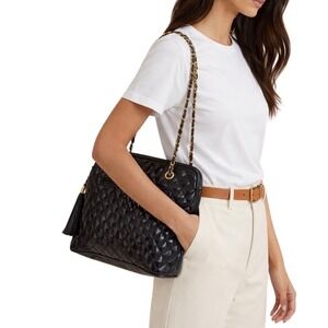 Jennifer Moore Quilted Shoulder Bag Chain Strap Tassel Black Patent